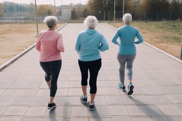 Senior women jogging in city park at early morning, active lifestyle. Generative AI