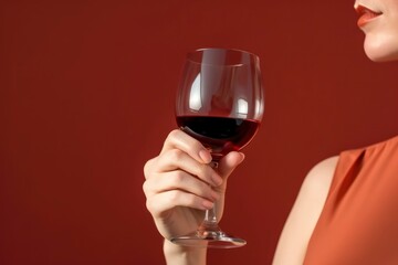 Naklejka na ściany i meble Close up of woman hand holding glass of red wine on red background. Generative AI