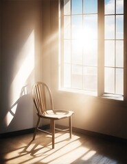 Fototapeta na wymiar illustration of sunlight coming from big window on single chair in an empty room