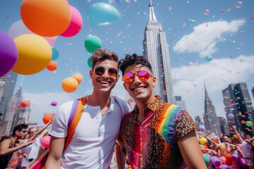 Happy Generative AI Couple at LGBTQ+ Gay Pride Parade in New York, USA. Love and Diversity in the LGBTQ+ Community. New York Pride Month, Day Celebration
