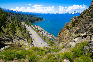 View from the top of Cave Rock, looking over Cave Rock Parking lot, Highway 50 and out towards Mt. Tallac