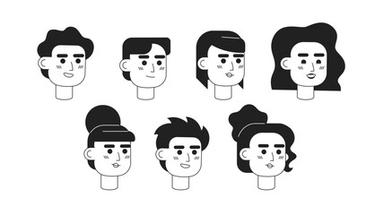 People business casual monochrome flat linear character heads set. Young entrepreneurs. Editable outline people icons. Line users faces. 2D cartoon spot vector avatar illustration pack for animation