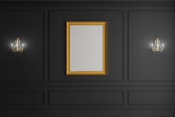 3d render Classic photo frame in classic dark interior