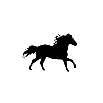 Horse runs trot. Farm riding mammal animal. Black silhouette of stallion. Vector illustration of wild mustang. Domestic animal logo