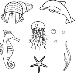 Set  di graziosi animali del mare ed elementi marini,  fauna marina, vettoriali