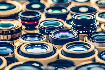 photographic lenses in different sizes and shapes, arranged in a random manner