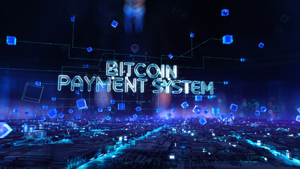 Bitcoin Payment System - businessman working with virtual reality at office.