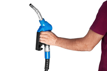 Human hand holding a gas nozzle