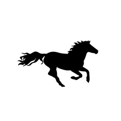 Fototapeta na wymiar High speed horse's running. Farm domestic mammal animal. Black stallion silhouette. Vector illustration of mustang. Simple logo