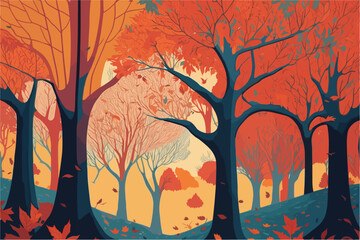 A vibrant vector art illustration depicts the beauty of colorful autumn trees, showcasing the rich hues of the season's foliage.