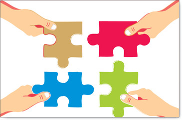 Puzzle pieces with different color in human hand want to complete each other. Help each other idea. Editable vector, easy to change color or manipulate for work place poster and banner. eps 10.