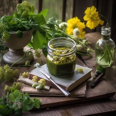 Pesto is a sauce that traditionally consists of crushed garlic, European pine nuts, coarse salt, basil leaves, and hard cheese.