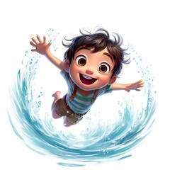 Cute boy 3D style, jumping into the water - generative AI illustration