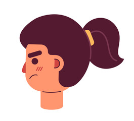 Angry female teenager with ponytail side view semi flat vector character head. Irritated girl. Editable cartoon avatar icon. Face emotion. Colorful spot illustration for web graphic design, animation