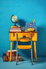 school desk and chair with school supply 3d render on blue gradient.ai generated