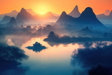 Fototapeta na wymiar Serene Morning Reflections: A Glimpse of Chinese Paradise. Generative AI