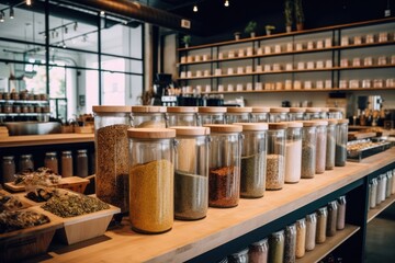 Background of interior in zero waste shop. Products in plastic free grocery store. Conscious shopping, minimalist lifestyle. Generative AI