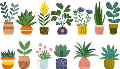 Fototapeta na wymiar plants in pots, flowers in pots, set, collection on a white background in a flat style, isolated vector