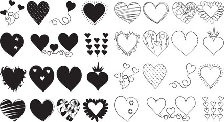 set of doodle hearts sketch, on white background in flat style, isolated vector