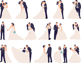 bride and groom, set, collection on white background in flat style, isolated vector