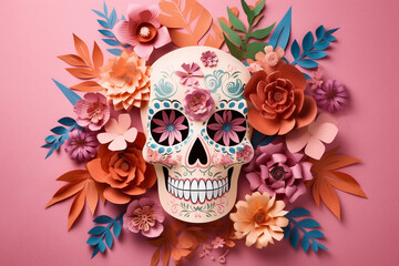 Dia de los muertos skull with flowers paper cut style for Halloween created with AI generative tools