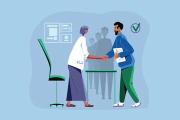 Communication with potential employee. Serious female hiring manager shaking hands with job applicant during meeting in company office. Vector illustration