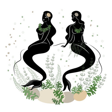 Silhouette of two mermaids. A beautiful girl sits on a stone in the water. Next to the leaves of the plant. Fantastic image of a fairy tale. vector illustration set.