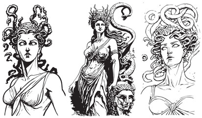 Fototapeta na wymiar Ancient greek Gorgon Medusa, woman head vector illustration silhouette