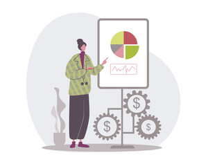 Female character with pie chart on board. Graphs of financial movements, concern for profit growth. Successful investment. Color vector illustration in flat style
