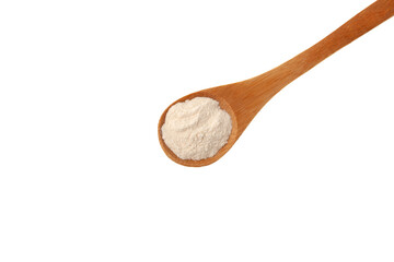 Xanthan Gum Powder in wooden spoon on white background, close-up. Food additive E415. Binding agent, Gluten free ingredient. Stabiliser, Thickener