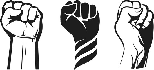 Symbol of victory, strength, power and solidarity - set of Raised fists, flat icons on transparent background for media, apps and websites. Easy to reuse in designing poster, banner or flyer.