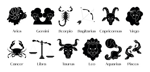 Astrological zodiac signs silhouette. Aries, Taurus, Leo, Gemini, Virgo, Scorpio, Libra, Aquarius, Sagittarius, Pisces, Capricorn, Cancer. Constellations. Vector illustration isolated on background - obrazy, fototapety, plakaty