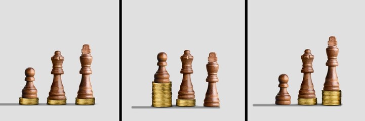 Chess wooden pieces with coins. Concepts of equality - obrazy, fototapety, plakaty
