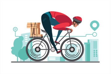 Fast delivery services. Male character in helmet is racing on bicycle with parcels on trunk. Fastest door to door delivery route. Modern postal systems
