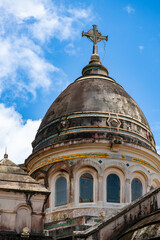 Weathered and colorful dome or cupola of “Sacré-Coeur de Balata“,  church (1915) near Fort-de-France, capital of Martinique island, . Christian monument and tourist attraction in tropical landscape.