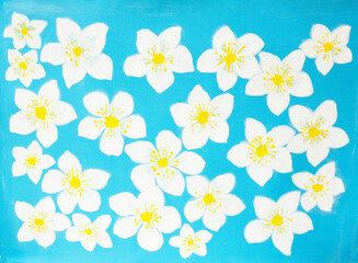 White spring flowers on blue acrylic painting