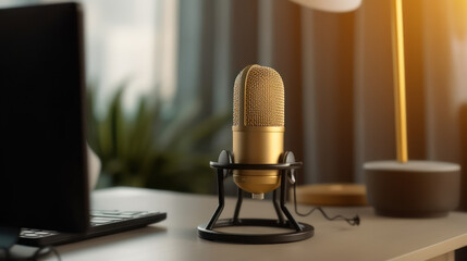 The gold wireless microphone on the table equipment for content creators with Ai Generated