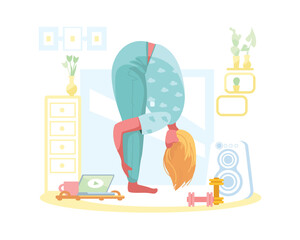 Morning workout indoors. Simple and complex yoga exercises. Classes to calm relaxing music. Healthy and active lifestyle. Female character makes bend. Uttanasana, head down position