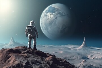 Fototapeta na wymiar illustration, astronaut on the edge of a rock, ai generative