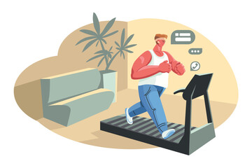 Fototapeta na wymiar Smart technology. Pleased male athlete talking on smartphone during home workout. Sporty young man in wireless headphones running on treadmill in room. Vector illustration