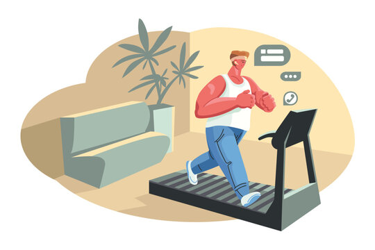 Smart Technology. Pleased Male Athlete Talking On Smartphone During Home Workout. Sporty Young Man In Wireless Headphones Running On Treadmill In Room. Vector Illustration