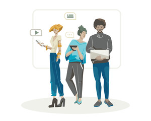 Characters with smartphones and electronic devices. Stylish girl texting on cellphone. Young couple using mobile phone and laptop. Vector illustration