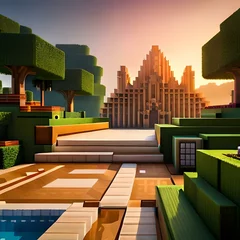 Gordijnen AI generated Minecraft city in the morning © Radiographs