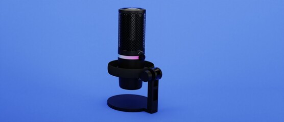3D rendering of black studio condenser microphone isolated on blue background. Concept of cloud gaming and game streaming services 3d illustration