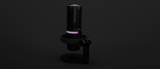 3D rendering of black studio condenser microphone isolated on black background. Concept of cloud gaming and game streaming services 3d illustration