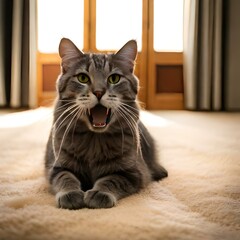 A gray cat yawns while lying on a fluffy carpet. Looking adorable