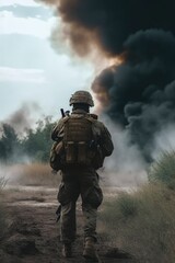 illustration, view of a soldier on the battlefield, fire and smoke, ai generative