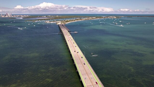 Beautiful establishing aerial drone shot of Bridge in Miami