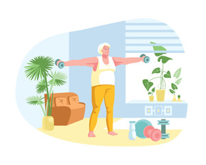 Fototapeta na wymiar Fitness for elderly persons. Old woman lifts dumbbells. Taking care of your health and body. Load on muscles of hands. Healthy and active lifestyle. Color illustration in flat style