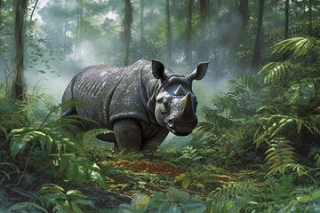 Sumatran Rhino in the wild, illustration, Generative AI